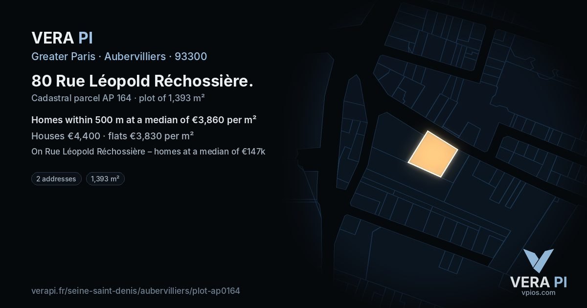 80 Rue Léopold Réchossière, Aubervilliers at night – the plot lit, the parcels around coloured by the prices near them