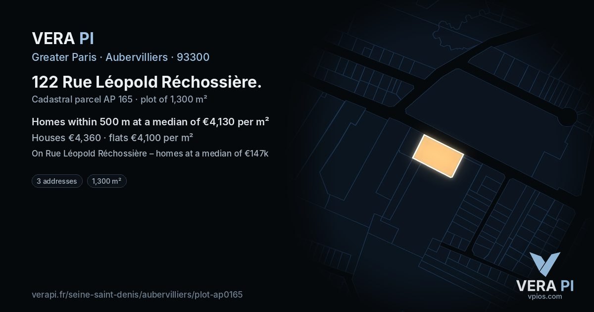 122 Rue Léopold Réchossière, Aubervilliers at night – the plot lit, the parcels around coloured by the prices near them