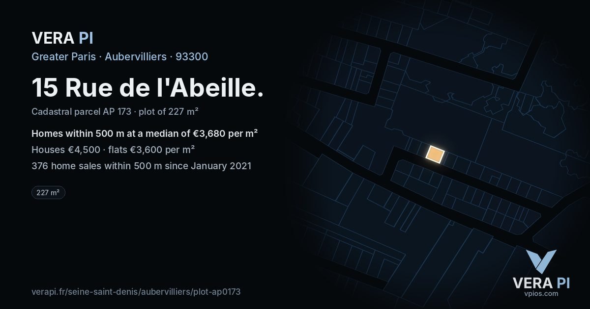 15 Rue de l'Abeille, Aubervilliers at night – the plot lit, the parcels around coloured by the prices near them