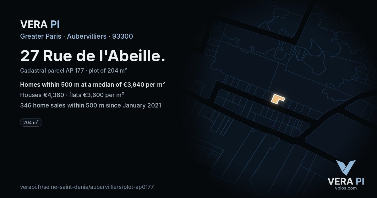 27 Rue de l'Abeille, Aubervilliers at night – the plot lit, the parcels around coloured by the prices near them