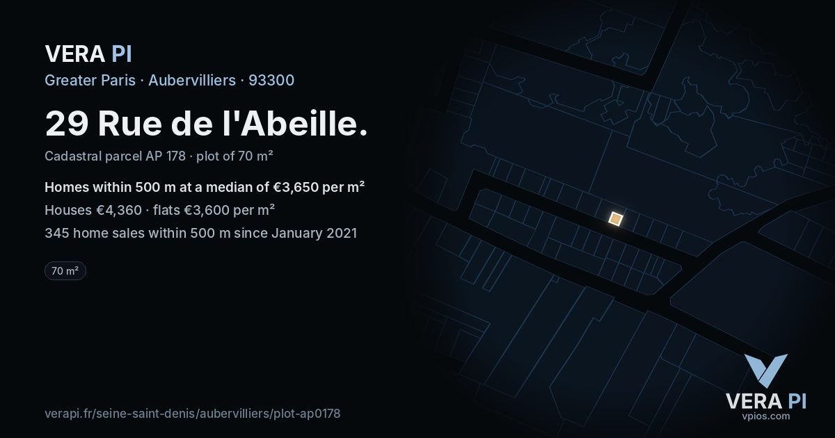 29 Rue de l'Abeille, Aubervilliers at night – the plot lit, the parcels around coloured by the prices near them