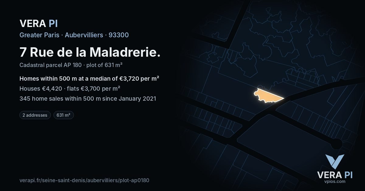 7 Rue de la Maladrerie, Aubervilliers at night – the plot lit, the parcels around coloured by the prices near them