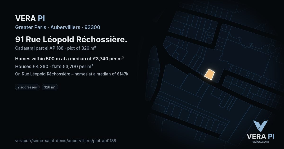 91 Rue Léopold Réchossière, Aubervilliers at night – the plot lit, the parcels around coloured by the prices near them
