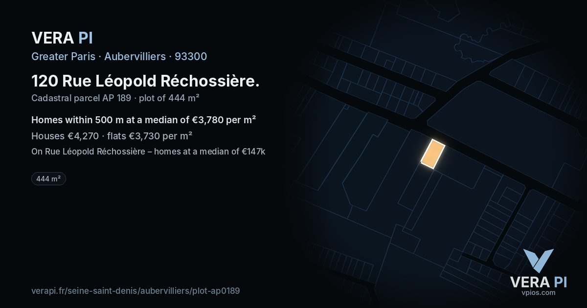 120 Rue Léopold Réchossière, Aubervilliers at night – the plot lit, the parcels around coloured by the prices near them