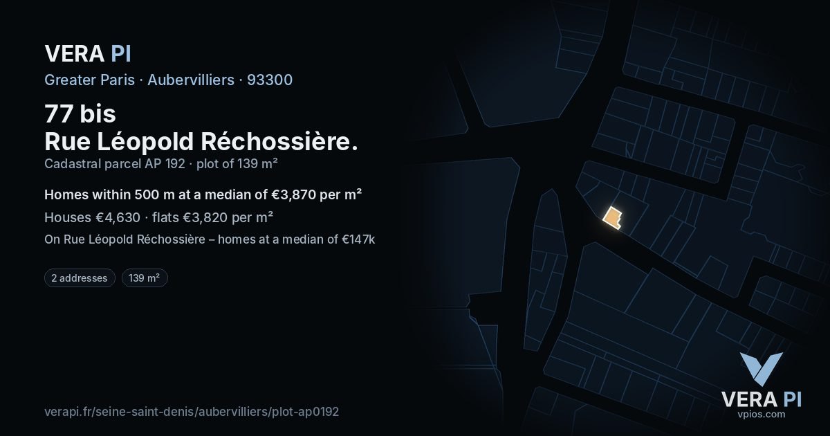 77 bis Rue Léopold Réchossière, Aubervilliers at night – the plot lit, the parcels around coloured by the prices near them