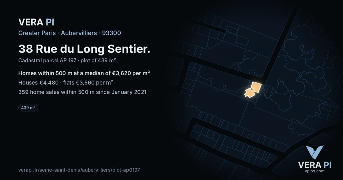 38 Rue du Long Sentier, Aubervilliers at night – the plot lit, the parcels around coloured by the prices near them