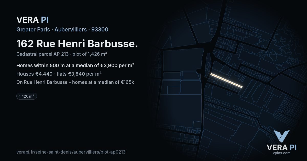 162 Rue Henri Barbusse, Aubervilliers at night – the plot lit, the parcels around coloured by the prices near them