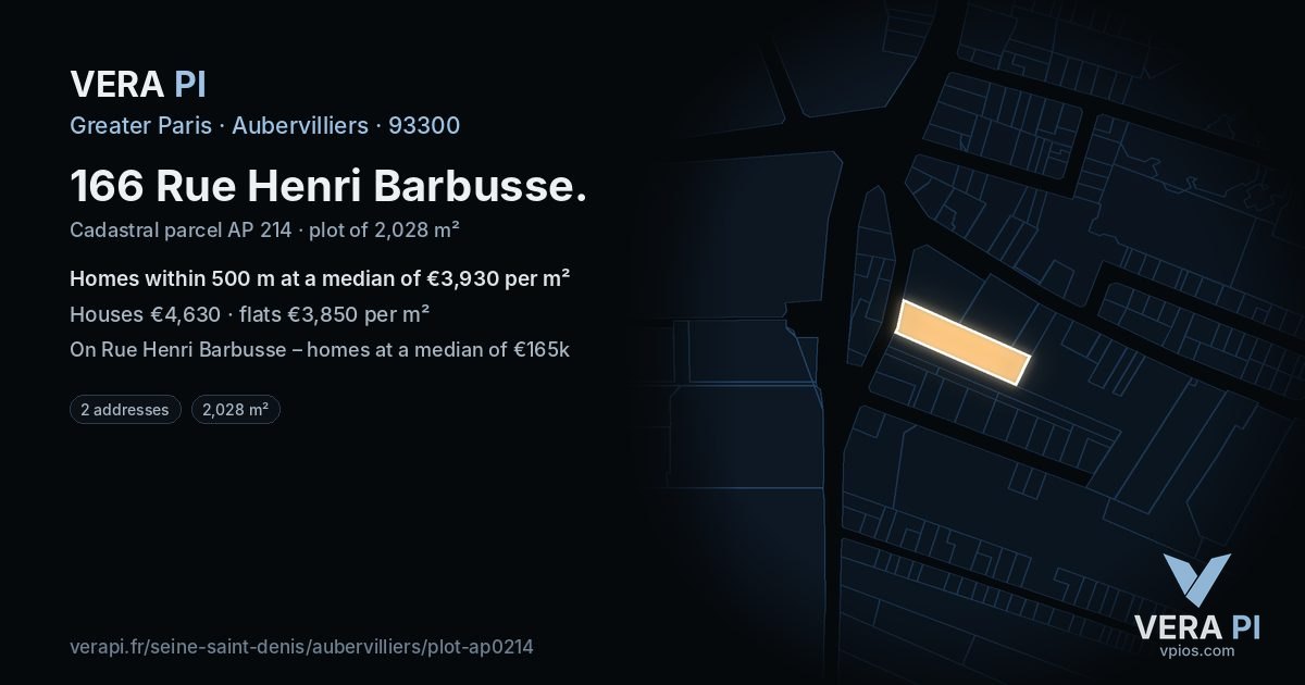 166 Rue Henri Barbusse, Aubervilliers at night – the plot lit, the parcels around coloured by the prices near them