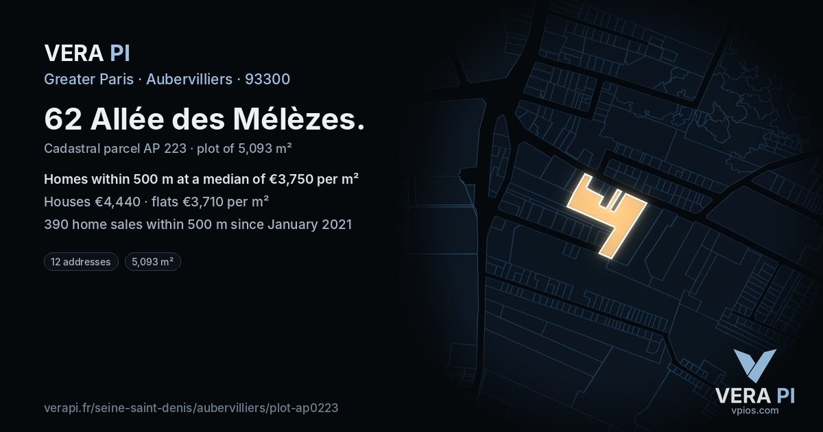 62 Allée des Mélèzes, Aubervilliers at night – the plot lit, the parcels around coloured by the prices near them