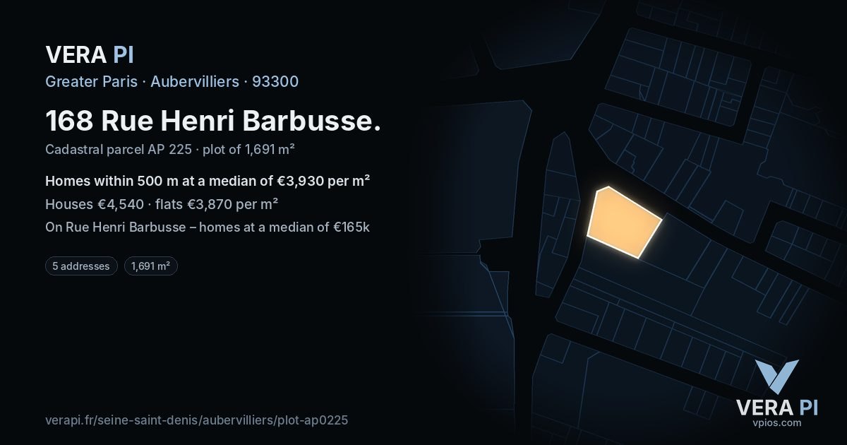 168 Rue Henri Barbusse, Aubervilliers at night – the plot lit, the parcels around coloured by the prices near them
