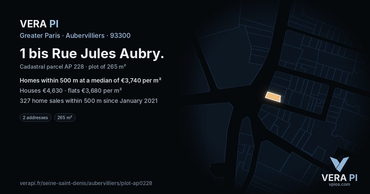 1 bis Rue Jules Aubry, Aubervilliers at night – the plot lit, the parcels around coloured by the prices near them