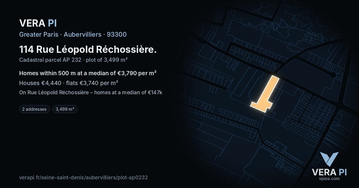 114 Rue Léopold Réchossière, Aubervilliers at night – the plot lit, the parcels around coloured by the prices near them