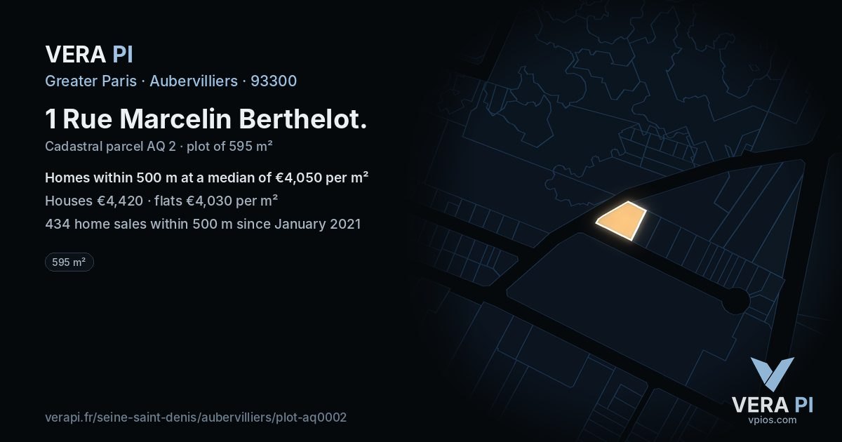 1 Rue Marcelin Berthelot, Aubervilliers at night – the plot lit, the parcels around coloured by the prices near them