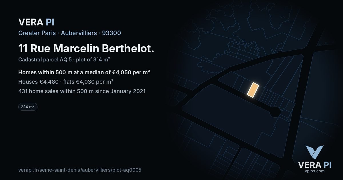 11 Rue Marcelin Berthelot, Aubervilliers at night – the plot lit, the parcels around coloured by the prices near them