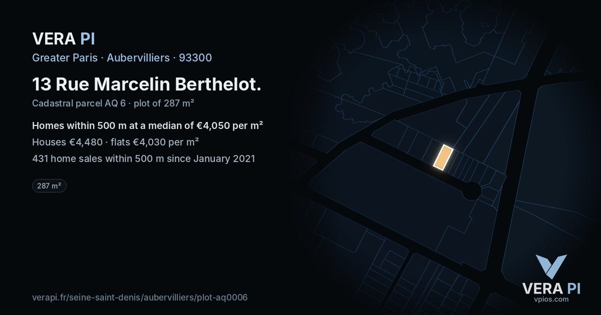 13 Rue Marcelin Berthelot, Aubervilliers at night – the plot lit, the parcels around coloured by the prices near them