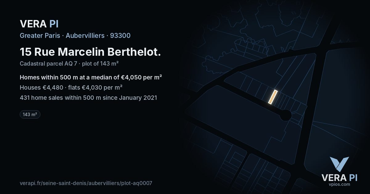 15 Rue Marcelin Berthelot, Aubervilliers at night – the plot lit, the parcels around coloured by the prices near them