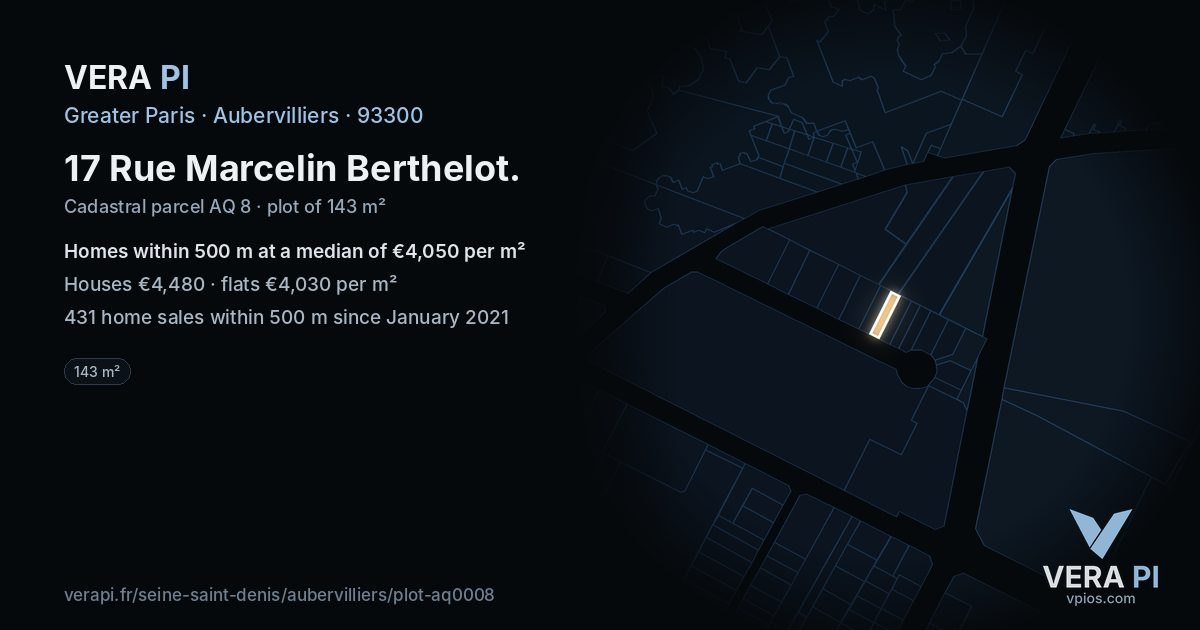 17 Rue Marcelin Berthelot, Aubervilliers at night – the plot lit, the parcels around coloured by the prices near them
