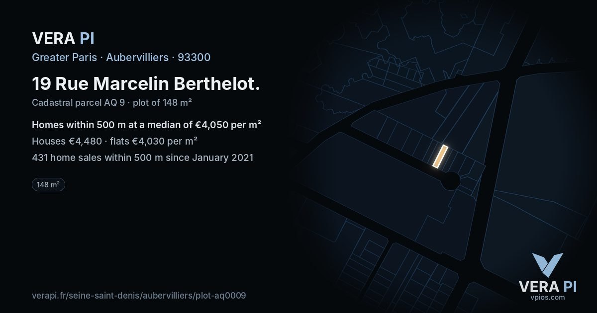 19 Rue Marcelin Berthelot, Aubervilliers at night – the plot lit, the parcels around coloured by the prices near them