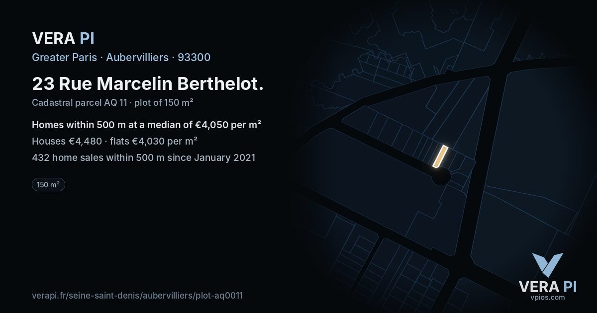 23 Rue Marcelin Berthelot, Aubervilliers at night – the plot lit, the parcels around coloured by the prices near them
