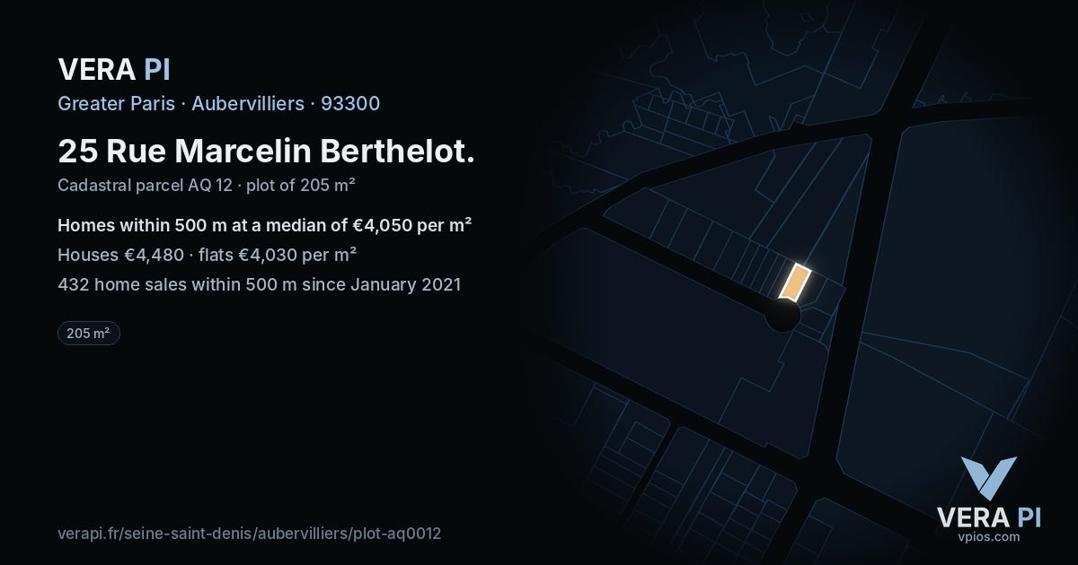 25 Rue Marcelin Berthelot, Aubervilliers at night – the plot lit, the parcels around coloured by the prices near them