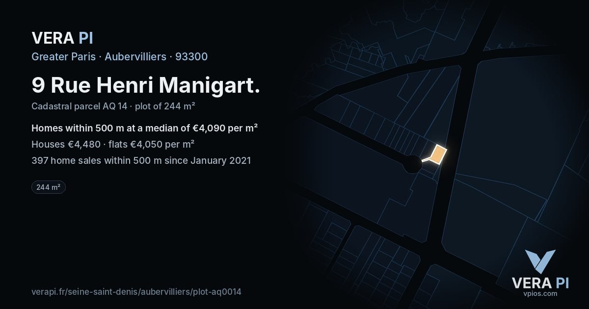 9 Rue Henri Manigart, Aubervilliers at night – the plot lit, the parcels around coloured by the prices near them