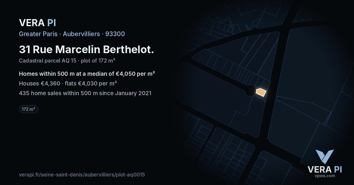 31 Rue Marcelin Berthelot, Aubervilliers at night – the plot lit, the parcels around coloured by the prices near them
