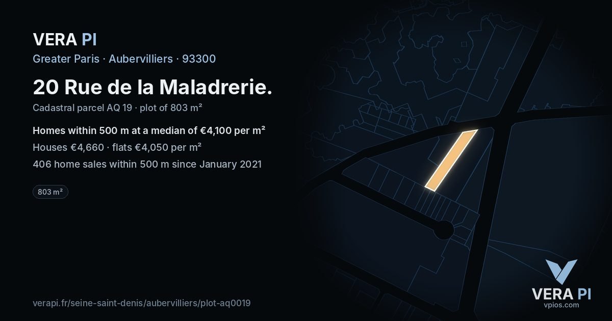20 Rue de la Maladrerie, Aubervilliers at night – the plot lit, the parcels around coloured by the prices near them