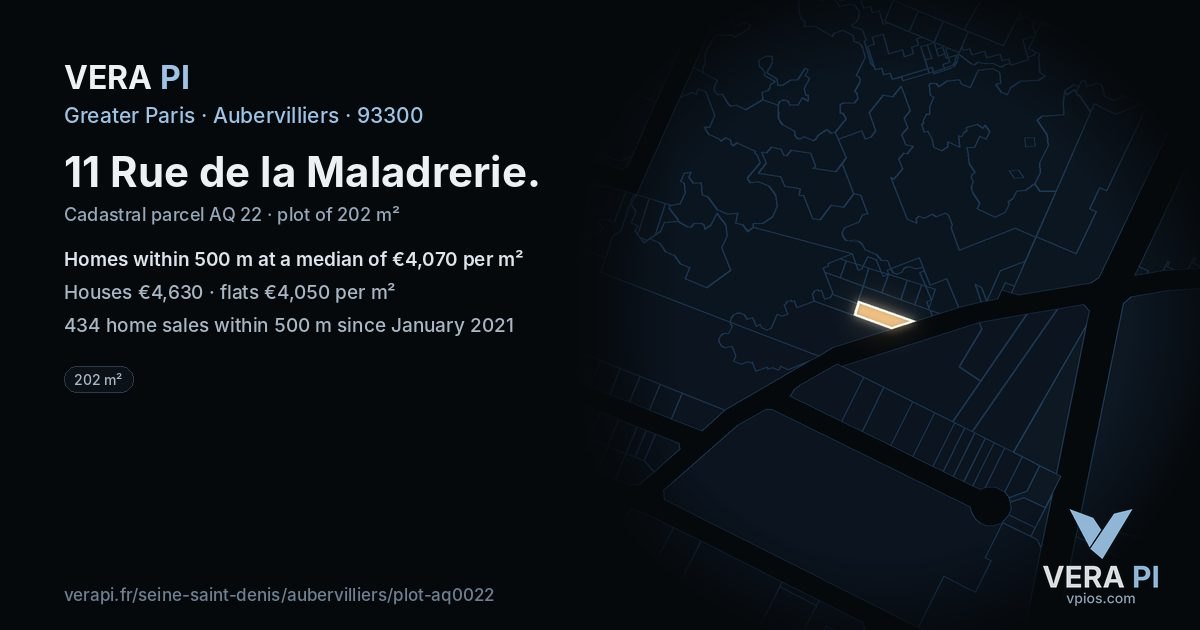 11 Rue de la Maladrerie, Aubervilliers at night – the plot lit, the parcels around coloured by the prices near them