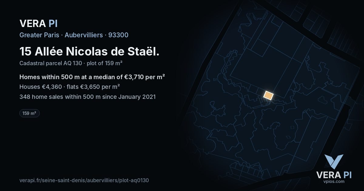 15 Allée Nicolas de Staël, Aubervilliers at night – the plot lit, the parcels around coloured by the prices near them