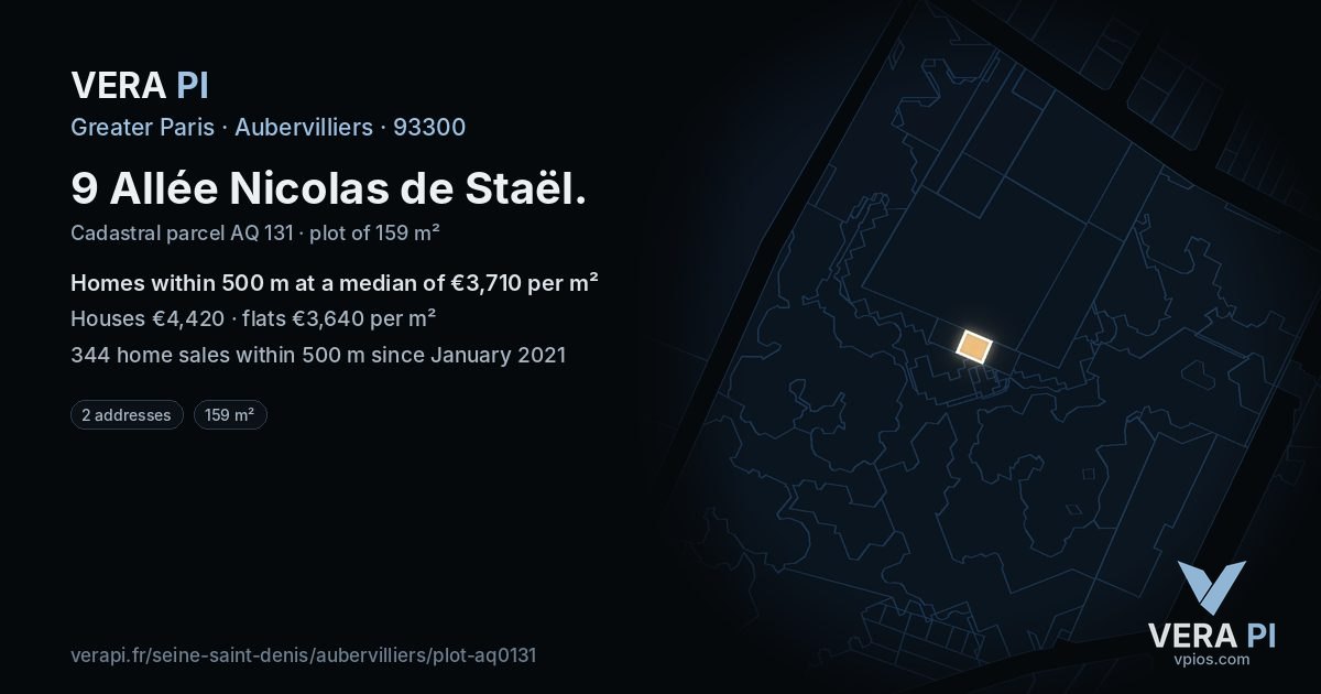 9 Allée Nicolas de Staël, Aubervilliers at night – the plot lit, the parcels around coloured by the prices near them