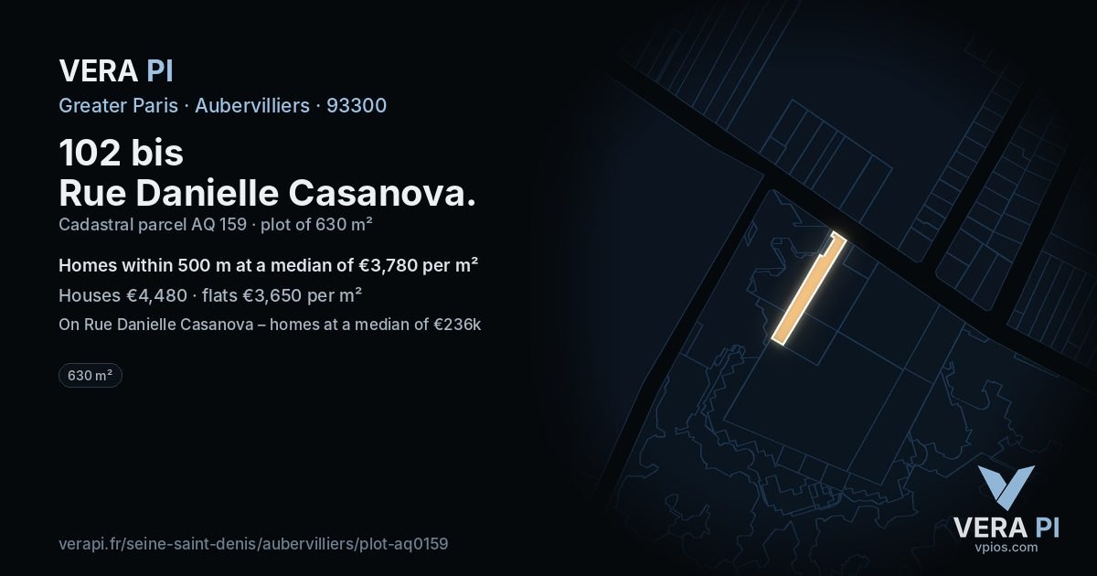 102 bis Rue Danielle Casanova, Aubervilliers at night – the plot lit, the parcels around coloured by the prices near them