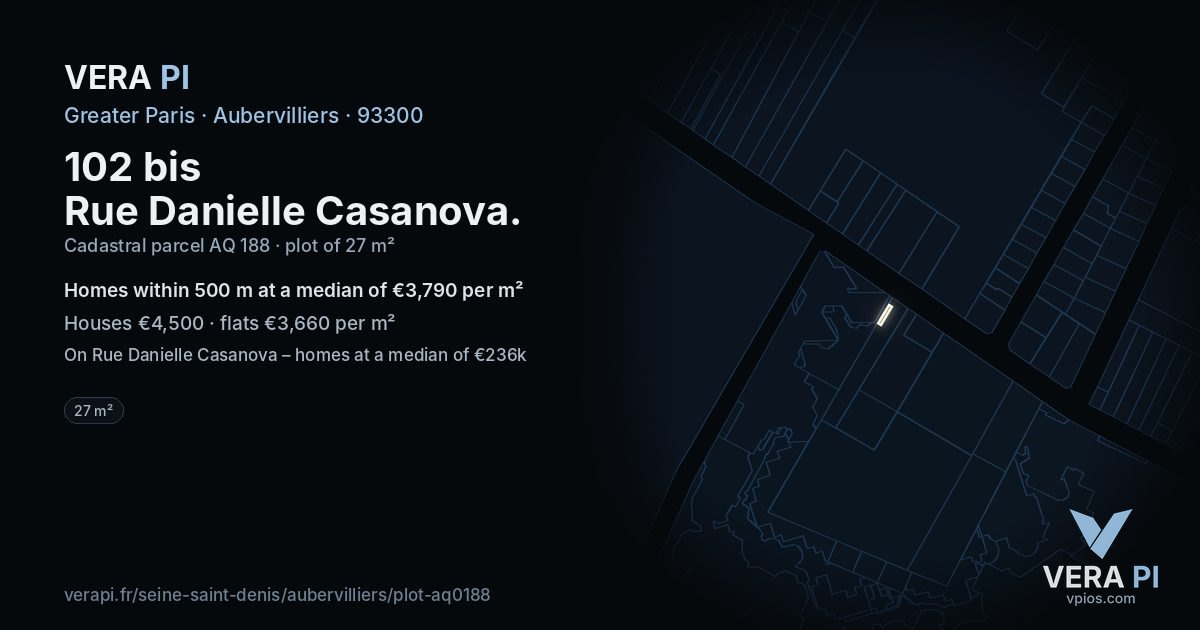 102 bis Rue Danielle Casanova, Aubervilliers at night – the plot lit, the parcels around coloured by the prices near them