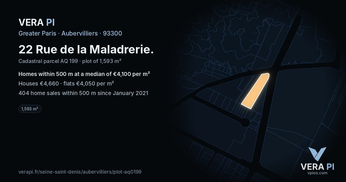22 Rue de la Maladrerie, Aubervilliers at night – the plot lit, the parcels around coloured by the prices near them