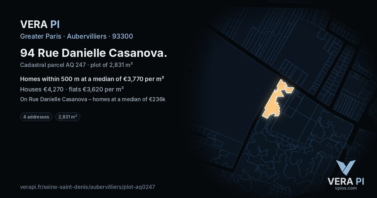 94 Rue Danielle Casanova, Aubervilliers at night – the plot lit, the parcels around coloured by the prices near them