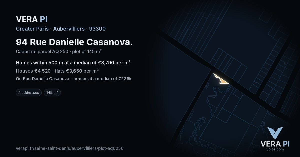 94 Rue Danielle Casanova, Aubervilliers at night – the plot lit, the parcels around coloured by the prices near them