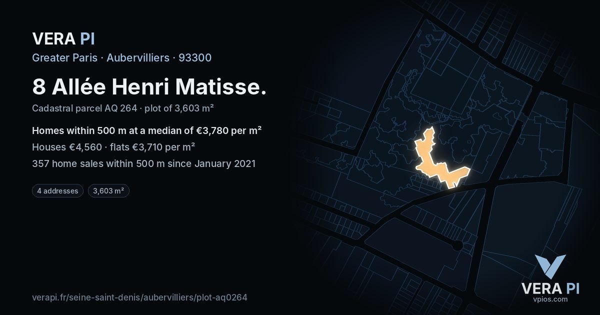 8 Allée Henri Matisse, Aubervilliers at night – the plot lit, the parcels around coloured by the prices near them
