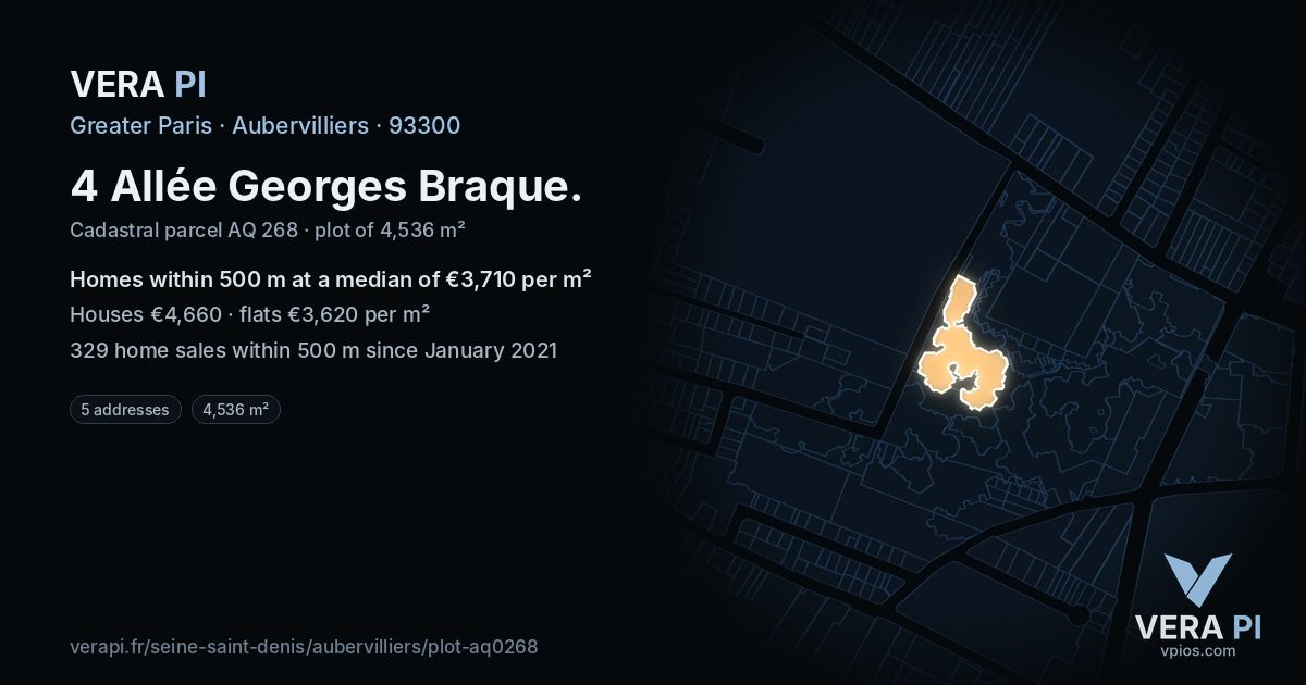4 Allée Georges Braque, Aubervilliers at night – the plot lit, the parcels around coloured by the prices near them