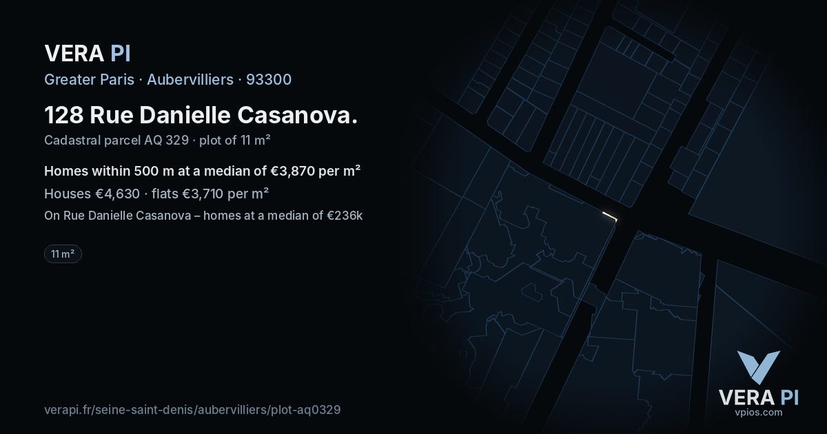 128 Rue Danielle Casanova, Aubervilliers at night – the plot lit, the parcels around coloured by the prices near them
