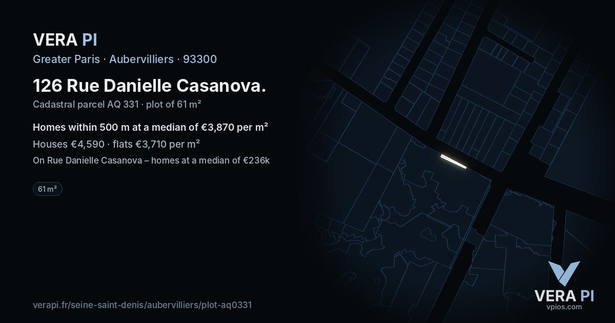 126 Rue Danielle Casanova, Aubervilliers at night – the plot lit, the parcels around coloured by the prices near them