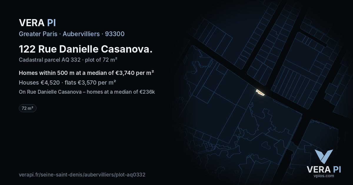 122 Rue Danielle Casanova, Aubervilliers at night – the plot lit, the parcels around coloured by the prices near them