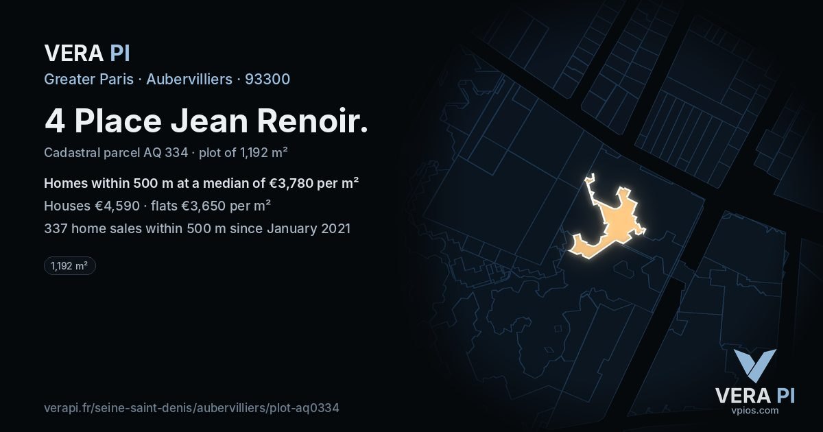 4 Place Jean Renoir, Aubervilliers at night – the plot lit, the parcels around coloured by the prices near them