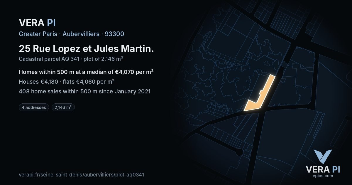 25 Rue Lopez et Jules Martin, Aubervilliers at night – the plot lit, the parcels around coloured by the prices near them