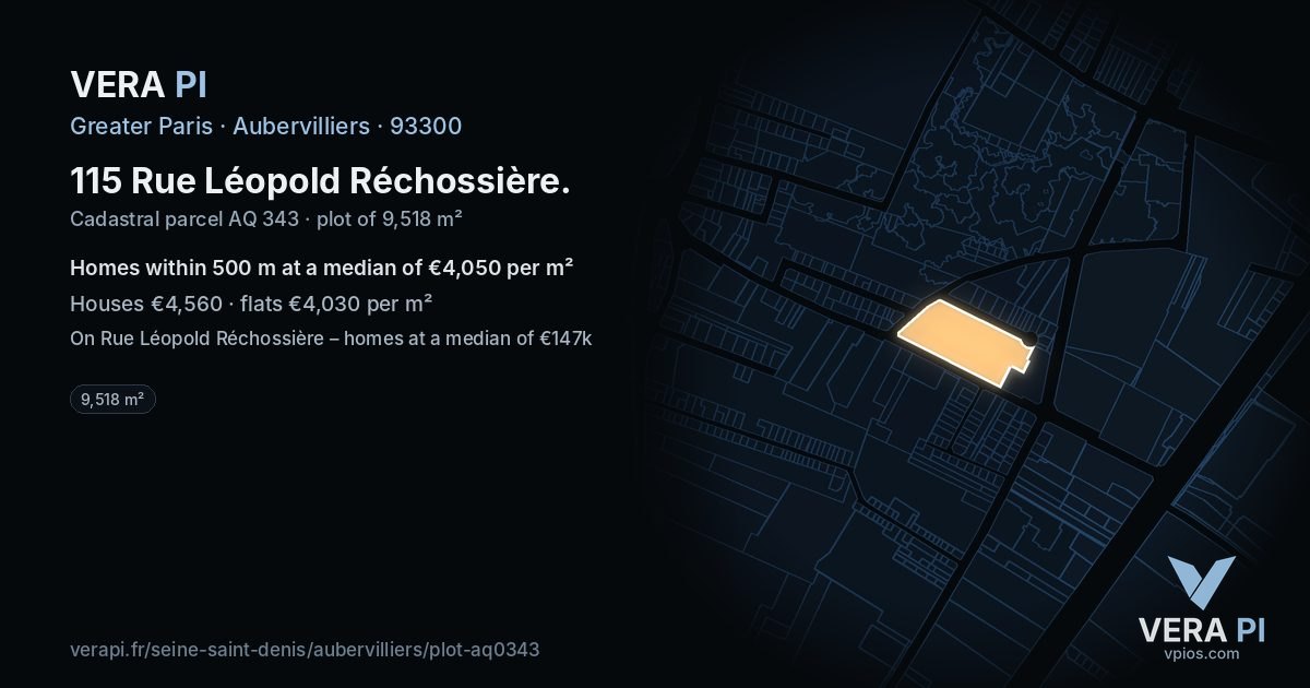 115 Rue Léopold Réchossière, Aubervilliers at night – the plot lit, the parcels around coloured by the prices near them