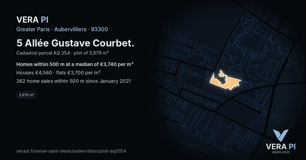 5 Allée Gustave Courbet, Aubervilliers at night – the plot lit, the parcels around coloured by the prices near them