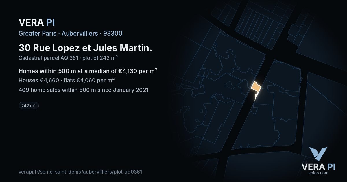 30 Rue Lopez et Jules Martin, Aubervilliers at night – the plot lit, the parcels around coloured by the prices near them