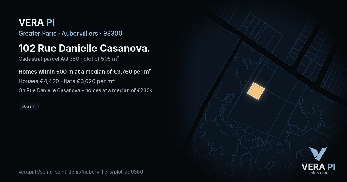 102 Rue Danielle Casanova, Aubervilliers at night – the plot lit, the parcels around coloured by the prices near them