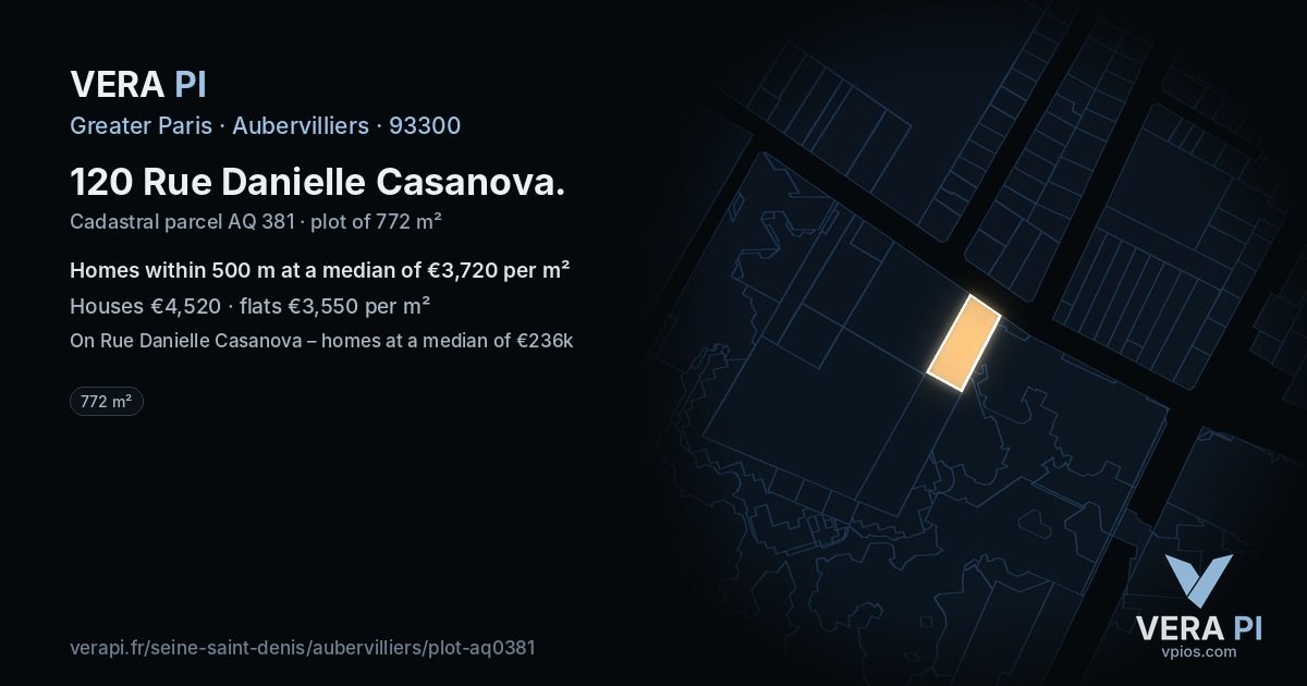 120 Rue Danielle Casanova, Aubervilliers at night – the plot lit, the parcels around coloured by the prices near them