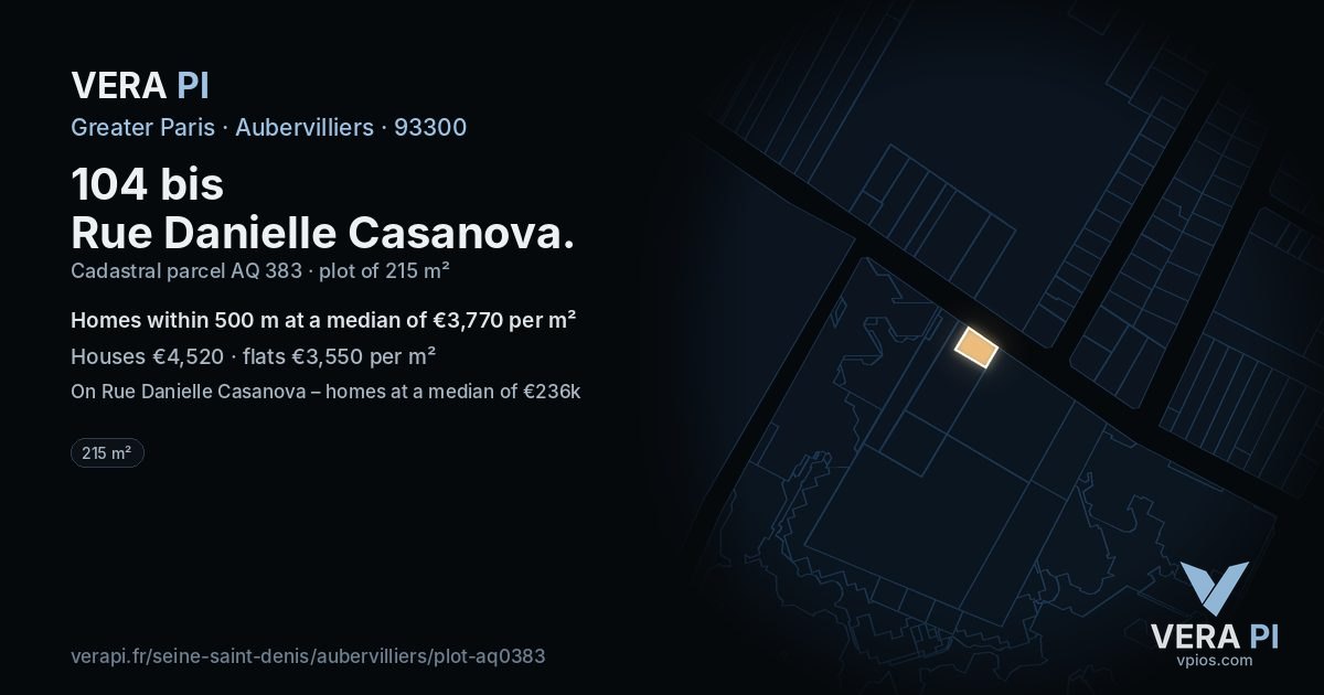 104 bis Rue Danielle Casanova, Aubervilliers at night – the plot lit, the parcels around coloured by the prices near them