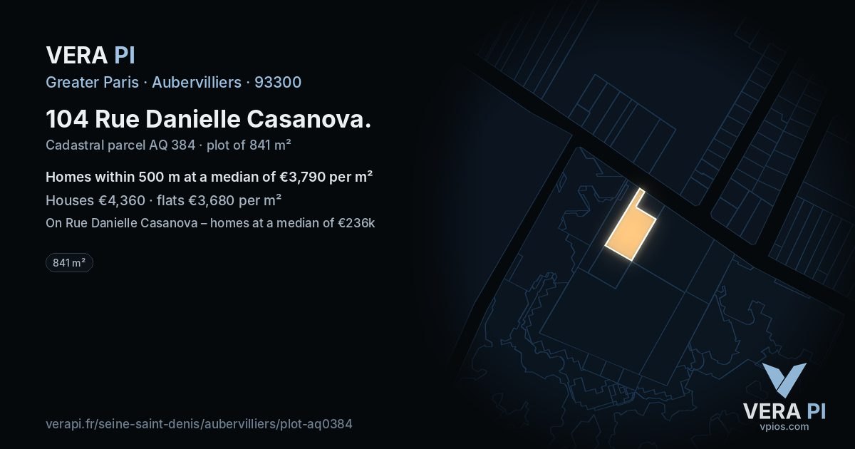 104 Rue Danielle Casanova, Aubervilliers at night – the plot lit, the parcels around coloured by the prices near them
