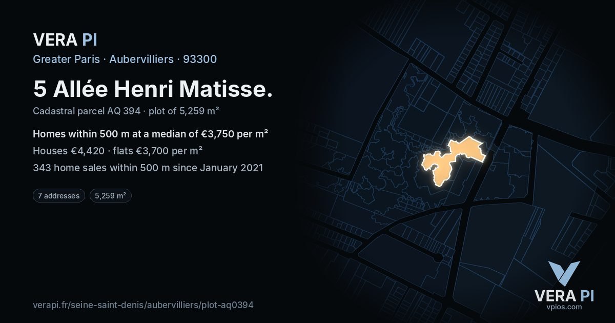 5 Allée Henri Matisse, Aubervilliers at night – the plot lit, the parcels around coloured by the prices near them